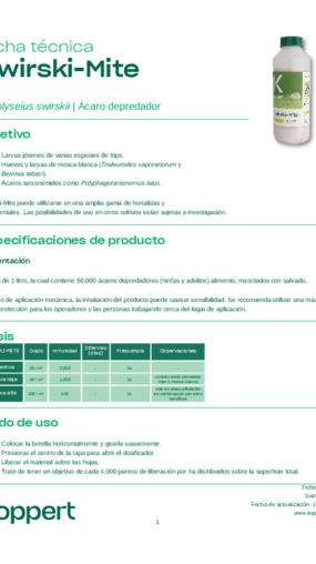 Ficha técnica de Swirski Mite - © Koppert México S.A. de C.V. Ficha técnica de Swirski Mite